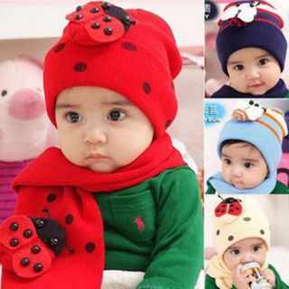 New Children Baby Winter Warm Ladybug Ladybird Hat Caps Scarf Suit Cute BHTM