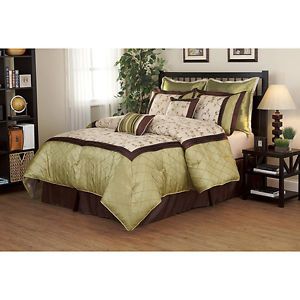 Beautiful 8 Piece Sage Green Floral Brown Comforter Set Cal King