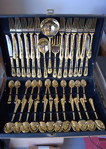 Lot Wm Rogers Son "Enchanted Rose" Gold Plated Complete Flatware 12 Place Set