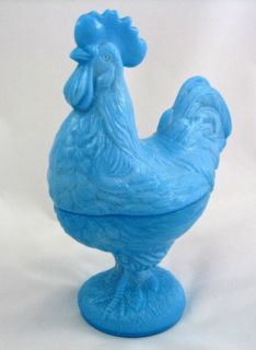 Westmoreland Rooster Stand Up Covered Glass Dish Chicken Hen Nest Blue Milk