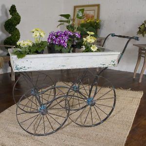 Turquoise Crackle Forged Iron Plant Stand Display Flower Cart Antiqued White