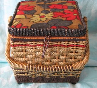 Vintage Sewing Box Basket Wicker Needlepoint Satin Line Wood Legs  Accessories