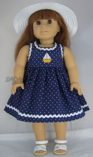 Apryl Doll Clothes Fits American Girl Navy Polka Dot Sailboat Dress w Ric Rac