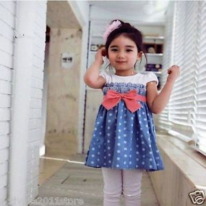 Girls Baby Kids Toddlers Cowboy Blue Polka Dot Bowknot Dress Clothes 1 6Y
