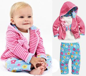 3pcs Baby Toddler Girl Kid Pink Bow Coat T Shirt Pants Outfit Set Suit Clothing