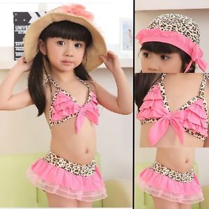 3pcs Baby Girl Kids Toddler Swimsuit Bikini Swimwear Pink Leopard Tutu Clothes