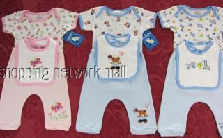 Bambini Infant Baby Boys Girls Onesie Outfit Set w Bibs Sz 0 3 3 6 6 9 MO