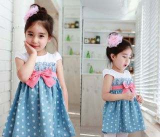 Sweety Style Girls Baby Kids Blue Cowboy Polka Dot Bowknot Casual Dress Clothes
