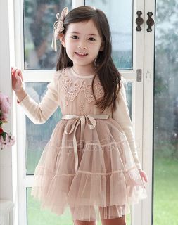 Kids Toddlers Girls Princess Party Long Sleeve Tulle Dress Lace Collars AGE2 7Y