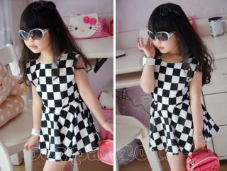 Lovely Kids Toddlers Girls Party Beautiful Dress White Black Plaid Patte Age 2 7