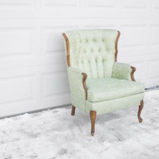 Vtg French Mint Satin Brocade Tufted Wing Back Arm Chair Queen Anne Cabriole
