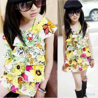 Baby Kids Girls Flowers Pattern Ruffled One Shoulder Skirts One Piece Dress 2 7Y