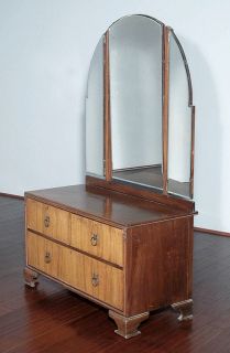 Antique English Art Deco Burl Walnut Tri Fold Mirror Chest Dresser c1930 BY56