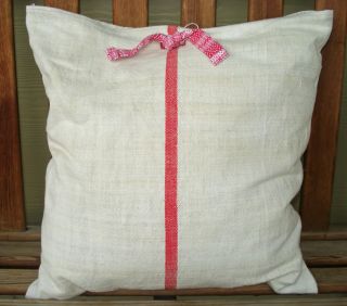 Antique French Grain Sack Red Stripe Ticking Pillow