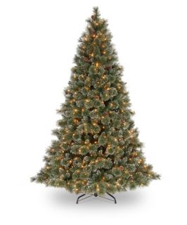 7.5 ft. Glittery Bristle Pine Hinged Pre Lit Christmas Tree with White Tipped Cones   Christmas Trees