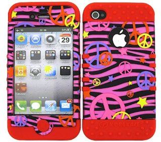 3 IN 1 HYBRID SILICONE COVER FOR APPLE IPHONE 4 4S HARD CASE SOFT RED RUBBER SKIN ZEBRA PEACE RD TE322 S KOOL KASE ROCKER CELL PHONE ACCESSORY EXCLUSIVE BY MANDMWIRELESS: Cell Phones & Accessories