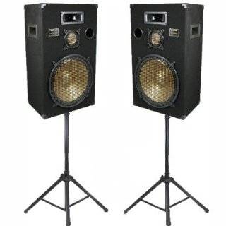 Speakers 15 Three Way Pro Audio Monitor Pair and Stands DJ Set for PA 